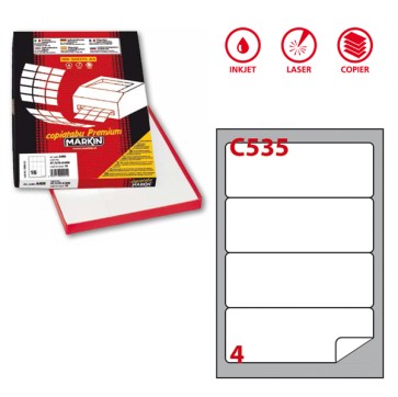 Etichette adesive C/535 - in carta - angoli arrotondati - permanenti - 190 x 61 mm - 4 et/fg - 100 fogli - bianco - Markin