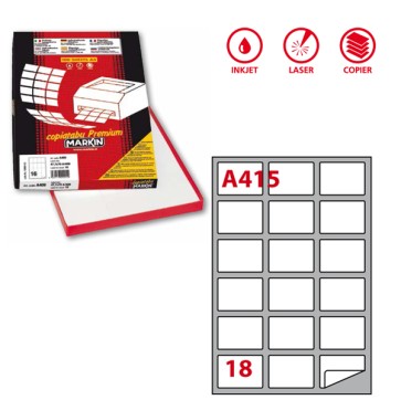 Etichette adesive A/415 - in carta - permanenti - 63,5 x 46,6 mm - 18 et/fg - 100 fogli - bianco - Markin