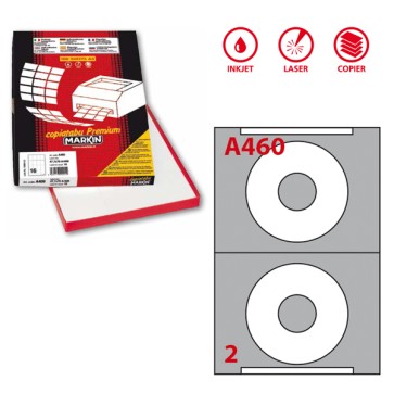 Etichette adesive A/460 - in carta - permanenti - diametro CD 114,5 mm - foro 41 mm - 2 et/fg - 100 fogli - bianco - Markin