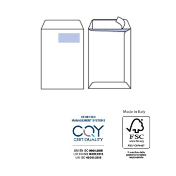 Busta a sacco Competitor FSC - strip adesivo - con finestra - 23 x 33 cm - 100 gr - bianco - Pigna Envelopes - conf. 500 pezzi
