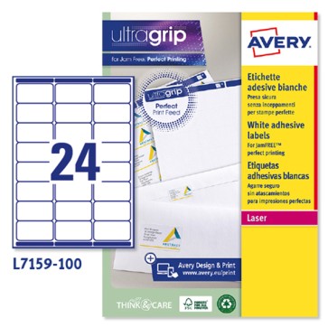 Etichette adesive L7159 - in carta - angoli arrotondati - permanenti - 63,5 x 33,9 mm - 24 et/fg - 100 fogli - bianco - Avery