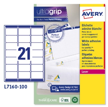 Etichette adesive L7160 - in carta - angoli arrotondati - laser - permanenti - 63,5 x 38,1 mm - 21 et/fg - 100 fogli -  bianco - Avery