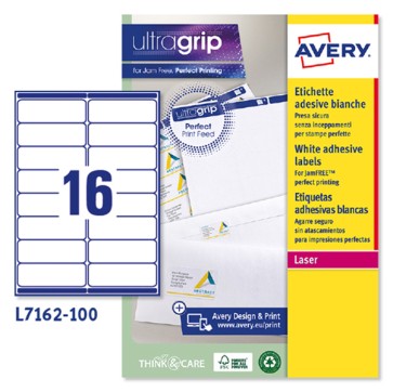 Etichette adesive L7162 - in carta - angoli arrotondati - permanenti - 99,1 x 33,9 mm - 16 et/fg - 100 fogli - bianco - Avery