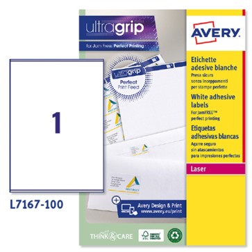 Etichette adesive L7167 - in carta - angoli arrotondati - laser - permanenti - 199,6 x 289,1 mm - 1 et/fg - 100 fogli - bianco - Avery