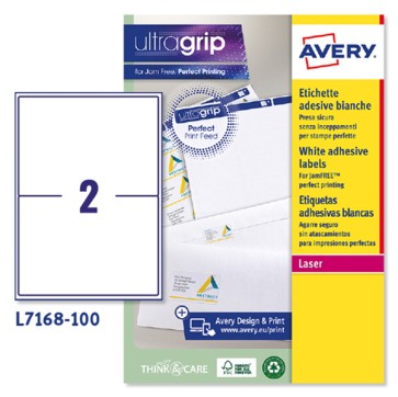 Etichette adesive L7168 - in carta - angoli arrotondati - permanenti - 199,6 x 143,5 mm - 2 et/fg - 100 fogli - bianco - Avery