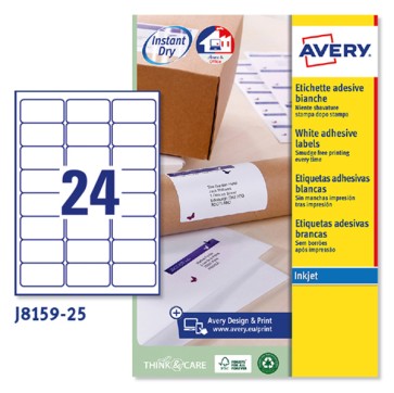 Etichette adesive J8159 - in carta - angoli arrotondati - inkjet - permanenti - 63,5 x 33,9 mm - 24 et/fg - 25 fogli - bianco - Avery