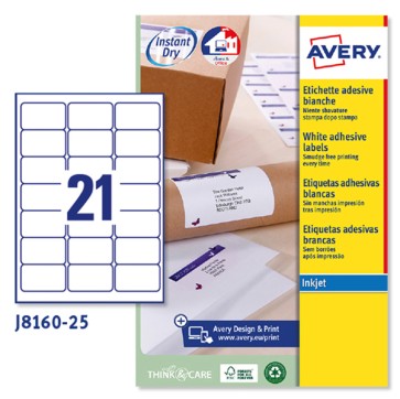 Etichette adesive J8160 - in carta - angoli arrotondati - inkjet - permanenti - 63,5 x 38,1 mm - 21 et/fg - 25 fogli - bianco - Avery