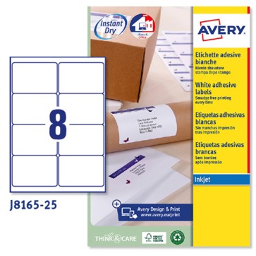 Etichette adesive J8165 - in carta - angoli arrotondati - inkjet - permanenti - 99,1 x 67,7 mm - 8 et/fg - 25 fogli - bianco - Avery