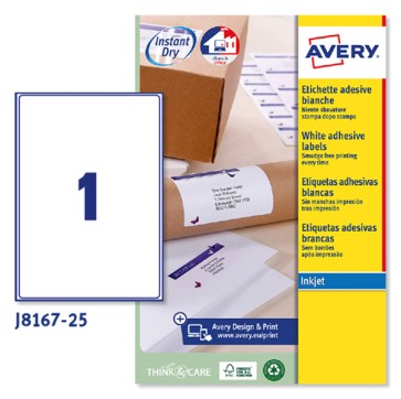Etichette adesive J8167 - in carta - angoli arrotondati - inkjet - permanenti - 199,6 x 289,1 mm - 1 et/fg - 25 fogli - bianco - Avery