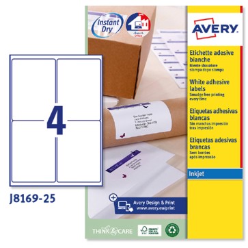 Etichette adesive J8169 - in carta - angoli arrotondati - inkjet - permanenti - 99,1 x 139 mm - 4 et/fg - 25 fogli - bianco - Avery