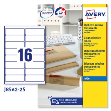 Etichette adesive J8562 - permanenti - per stampanti inkjet - 99,1 x 34 mm - 16 et/fg - 25 fogli A4 - poliestere - trasparente - Avery
