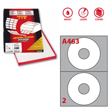 Etichette adesive A/463 - in carta - permanenti - diametro CD 117,5 mm - foro 41 mm - 2 et/fg - 100 fogli - bianco - Markin