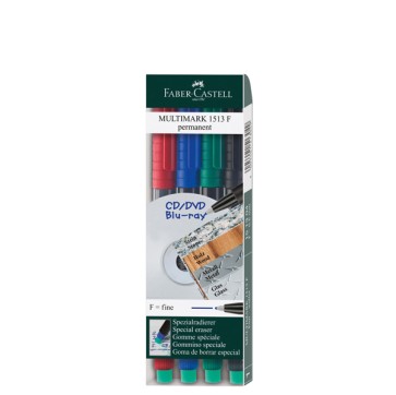 Pennarello Multimark universale permanente con gomma - punta fine 0,6 mm - astuccio 4 colori - Faber-Castell