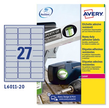 Etichette adesive L6011 - in poliestere - laser - permanenti - 63,5 x 29,6 mm - 27 et/fg - 20 fogli - argento - Avery