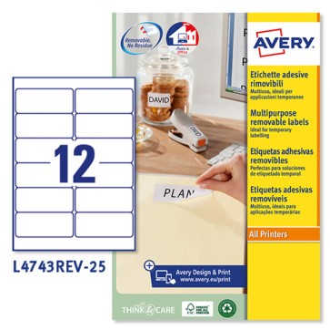 Etichette adesive L4743REV - in carta - angoli arrotondati - rimovibili - 99,1 x 42,3 mm - 12 et/fg - 25 fogli - bianco - Avery