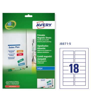 Etichetta magnetica J8871 - permanente - adatta a stampanti inkjet - 78x28 mm - 18 etichette per foglio - bianco - Avery - conf. 5 fogli A4