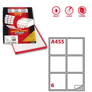 Etichette adesive A/455 - in carta - angoli arrotondati - permanenti - 99,1 x 93,1 mm - 6 et/fg - 100 fogli - bianco - Markin