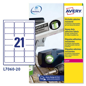 Etichette adesive L7060 - in poliestere - laser - permanenti - 63,5 x 38,1 mm - 21 et/fg - 20 fogli - bianco - Avery