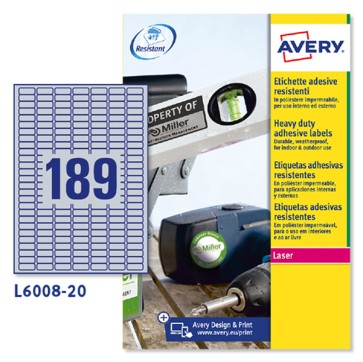 Etichette adesive L6008 - in poliestere - laser - permanenti - 24,5 x 10 mm - 189 et/fg - 20 fogli - argento - Avery