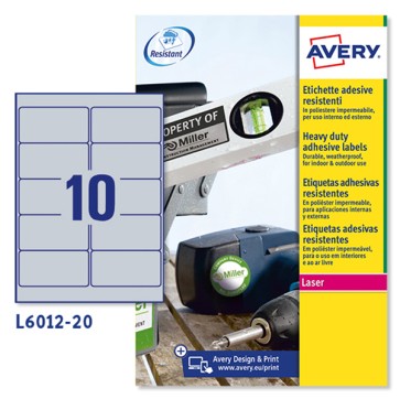 Etichette adesive L6012 - in poliestere - laser - permanenti - 96 x 50,8 mm - 10 et/fg - 20 fogli - argento - Avery
