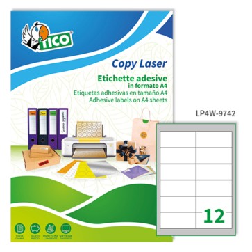 Etichette adesive LP4W - in carta - angoli arrotondati - laser - permanenti - 97 x 42,3 mm - 12 et/fg - 100 fogli - bianco - Tico