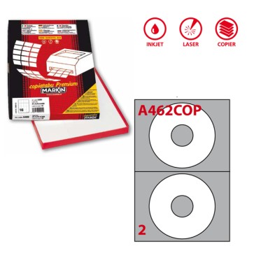 Etichette adesive A/462 - in carta - permanenti - diametro CD 117,5 mm - foro 41 mm - 2 et/fg - 100 fogli - bianco coprente - Markin