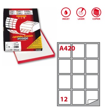 Etichette adesive A/420 - in carta - angoli arrotondati - permanenti - 63,5x72 mm - 12 et/fg - 100 fogli - bianco - Markin
