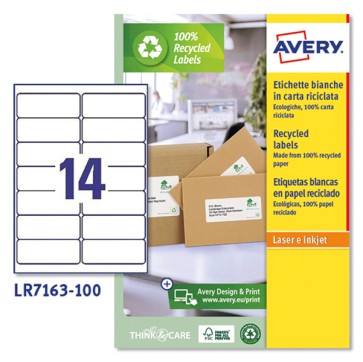 Etichette adesive - in carta riciclata - laser - permanenti - 99,1 x 38,1 mm - 14 et/fg - 100 fogli - bianco - Avery