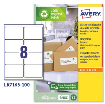 Etichette adesive - in carta riciclata - angoli arrotondati - permanenti - 99,1 x 67,7 mm - 8 et/fg - 100 fogli - bianco - Avery