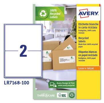Etichette adesive - in carta riciclata - angoli arrotondati - laser - permanenti - 199,6 x 143,5 mm - 2 et/fg - 100 fogli - bianco - Avery