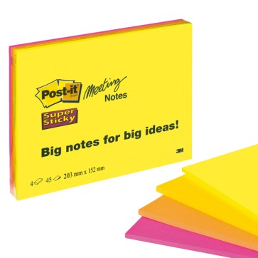 Blocco foglietti Post it  Super Sticky Meeting Notes - 6845-SSP - 203 x 152 mm - giallo/rosa neon - 45 fogli - Post it