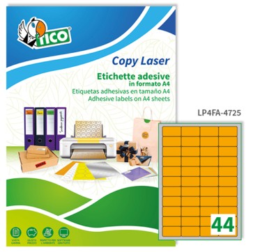 Etichette adesive LP4F - in carta - angoli arrotondati - permanenti - 47,5 x 25,5 mm - 44 et/fg - 70 fogli - arancio fluo - Tico