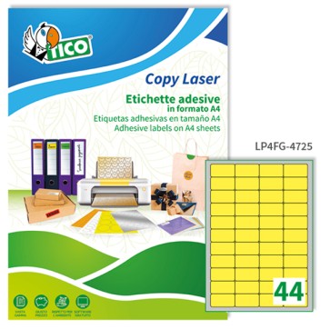 Etichette adesive LP4F - in carta - angoli arrotondati - laser - permanenti - 47,5 x 25,5 mm - 44 et/fg - 70 fogli - giallo fluo - Tico