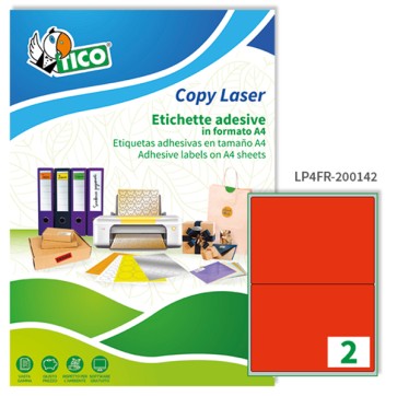 Etichette adesive LP4F - in carta - permanenti - 200 x 142 mm - 2 et/fg - 70 fogli - rosso fluo - Tico