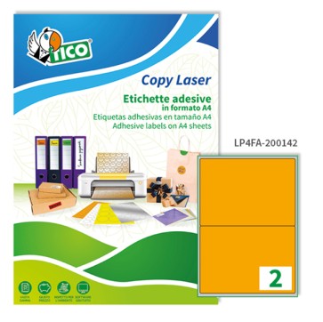 Etichette adesive LP4F - in carta - angoli arrotondati - laser - permanenti - 200 x 142 mm - 2 et/fg - 70 fogli - arancio fluo - Tico