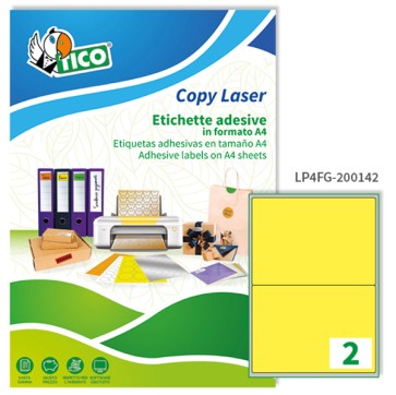 Etichette adesive LP4F - in carta - angoli arrotondati - laser - permanenti - 200 x 142 mm - 2 et/fg - 70 fogli - giallo fluo - Tico
