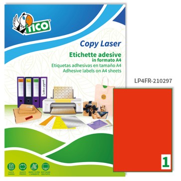 Etichette adesive LP4F - in carta - permanenti - 210 x 297 mm - 1 et/fg - 70 fogli - rosso fluo - Tico