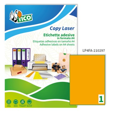 Etichette adesive LP4F - in carta - permanenti - 210 x 297 mm - 1 et/fg - 70 fogli - arancio fluo - Tico