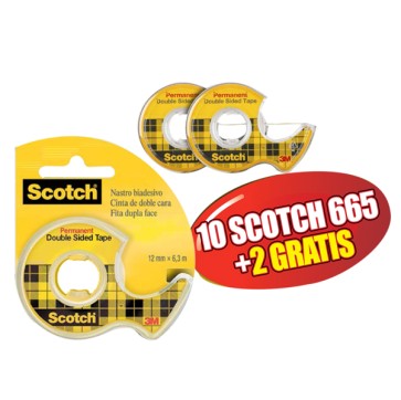 Nastro biadesivo 665 - permanente - senza liner - 6,3 mt x 12 mm - trasparente - Scotch  -  in chiocciola - Promo Pack 10+2 pezzi