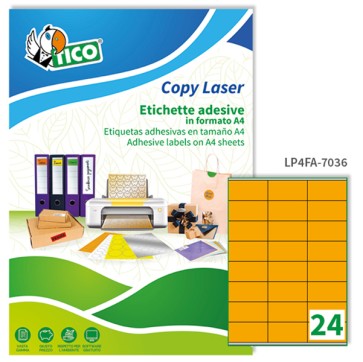 Etichette adesive LP4F - in carta - con margini - permanenti - 70 x 36 mm - 24 et/fg - 70 fogli - arancio fluo - Tico