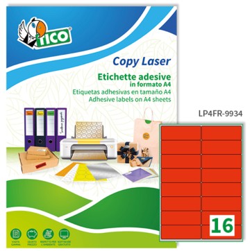 Etichette adesive LP4F - permanenti - 99,1 x 34 mm - 16 et/fg - 70 fogli A4 - rosso fluo - Tico