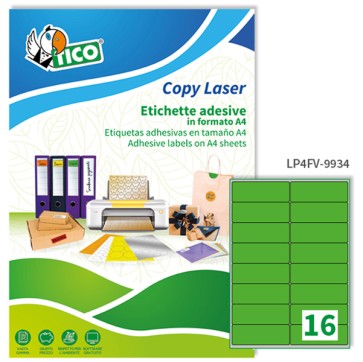 Etichette adesive LP4F - in carta - angoli arrotondati - permanenti - 99,1 x 34 mm - 16 et/fg - 70 fogli - verde fluo - Tico