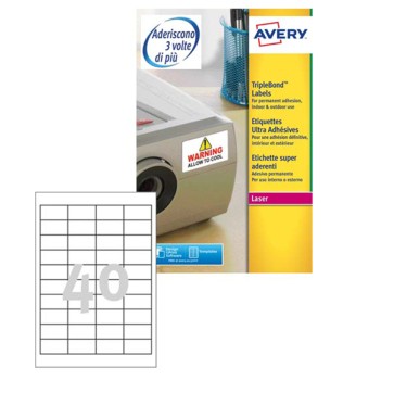 Etichette adesive extra strong L6140 - in poliestere - laser - permanenti - 45,7 x 25,4 mm - 40 et/fg - 20 fogli - bianco - Avery