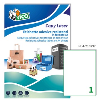 Etichette adesive PC4 - in poliestere - laser - permanenti - 210 x 297 mm - 1 et/fg - 100 fogli - trasparente - Tico