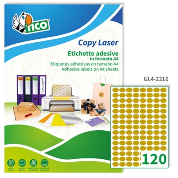 Etichette adesive ovali GL4 - in carta - permanenti - 22 x 16 mm - 120 et/fg - 100 fogli - oro satinato - Tico