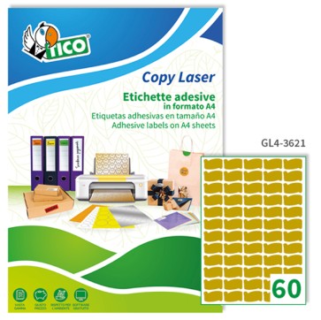 Etichette adesive sagomate GL4 - in carta - permanenti - 36 x 21 mm - 60 et/fg - 100 fogli - oro satinato - Tico
