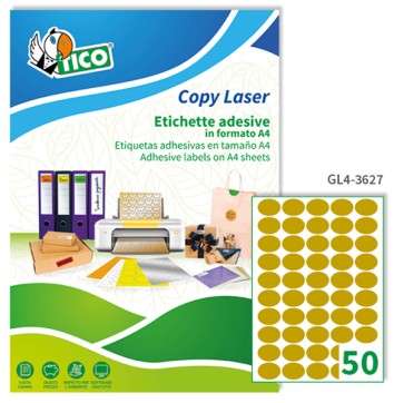 Etichette adesive ovali GL4 - in carta - permanenti- 36 x 27 mm - 50 et/fg - 100 fogli - oro satinato - Tico