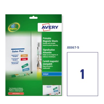 Etichetta magnetica J8867 - permanente - adatta a stampanti inkjet - 210x297 mm - 1 etichetta per foglio - bianco - Avery - conf. 5 fogli A4