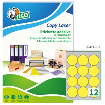 Etichette adesive LP4F - permanenti - diametro 63,5 mm - 12 et/fg - 70 fogli A4 - giallo fluo - Tico