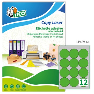 Etichette adesive tonde LP4F - in carta - con margini - permanenti - diametro 63,5 mm - 12 et/fg - 70 fogli - verde fluo - Tico